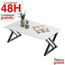 Table Basse Moderne Bois et Métal Marbre Blanc 100x48x55 cm Salon