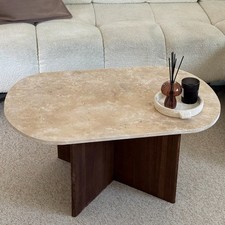 Table basse ovale en véritable travertin et bois massif